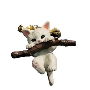 Vintage White Kitten Cat Brooch Pin Hanging on Branch Resin Gold Tone Cute